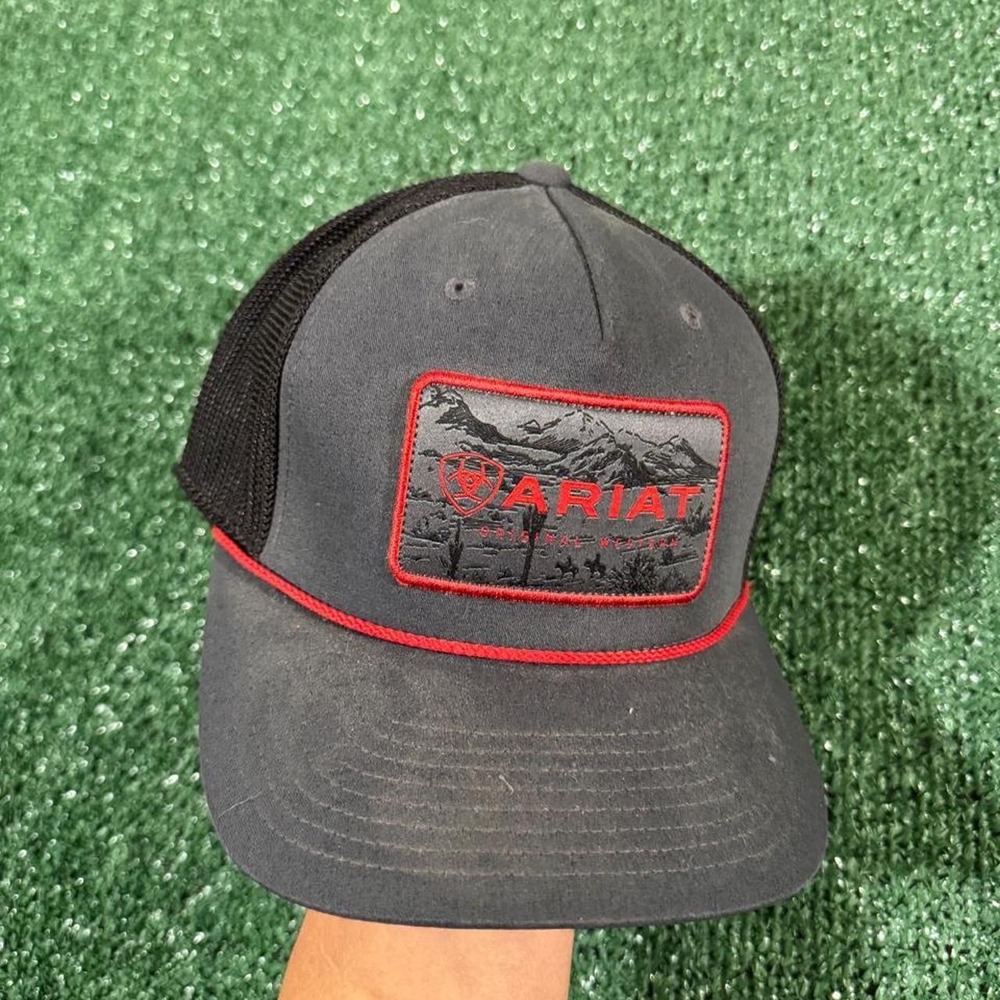Ariat Mens Black Red Western Graphic Patch One Ten Flexfit Tech Trucker Hat